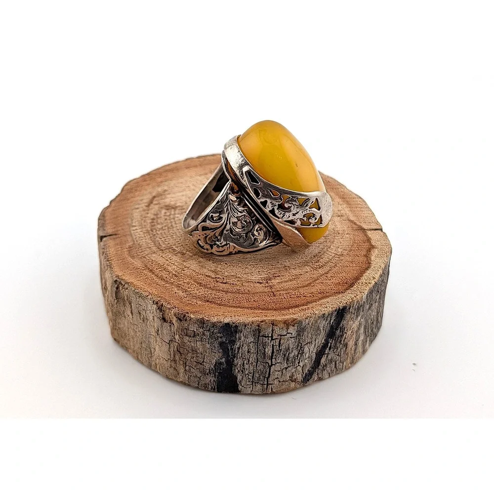 Handmade .925 Sterling Silver Baltic Butterscotch‎ Amber Ring Semi Adjustable